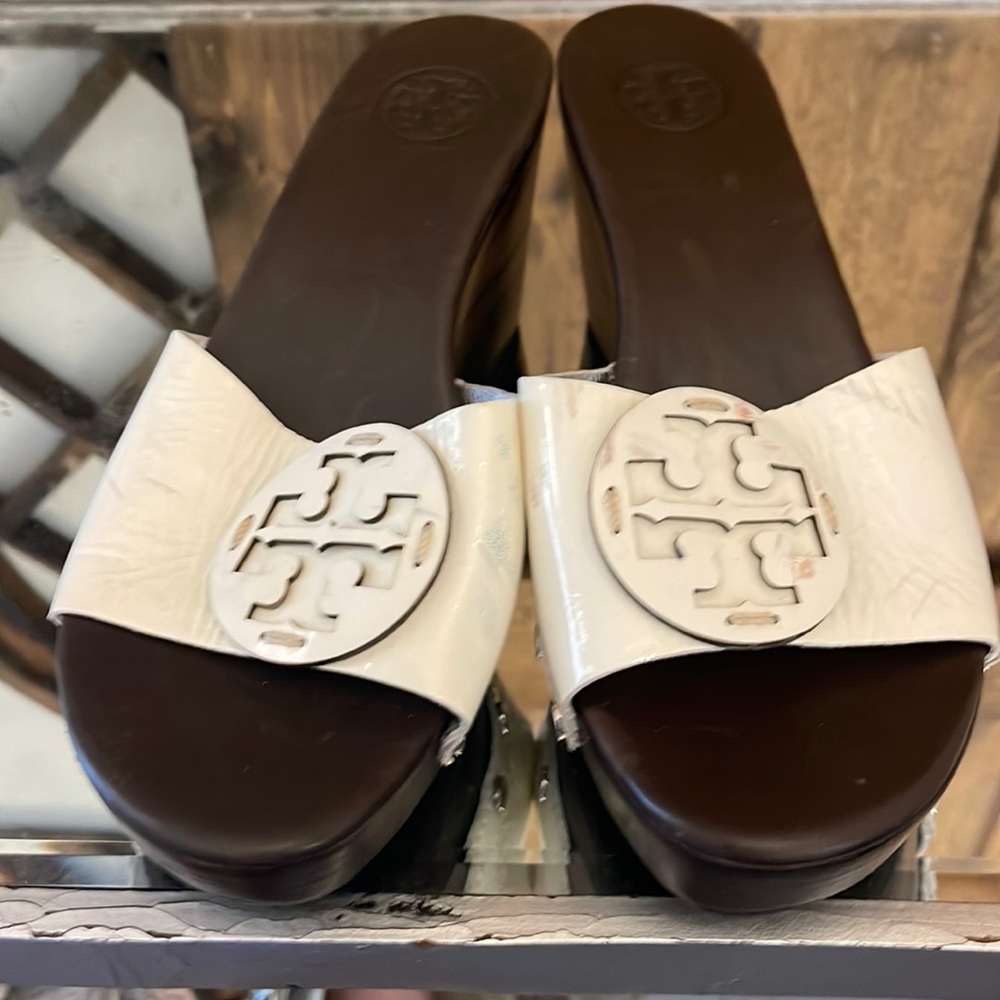 White Patent Tory Burch Wedges